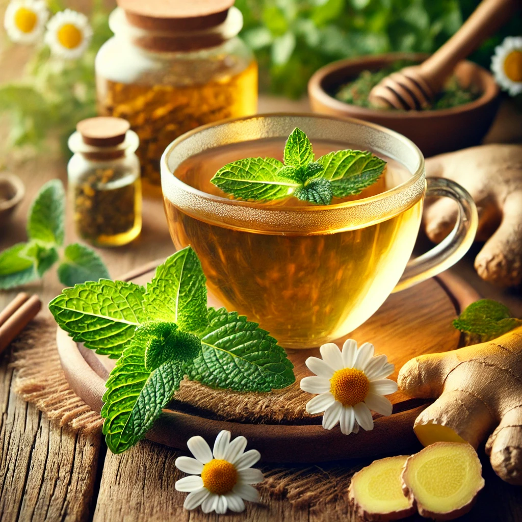 A cup of herbal tea for bloating, gas, and indigestion relief